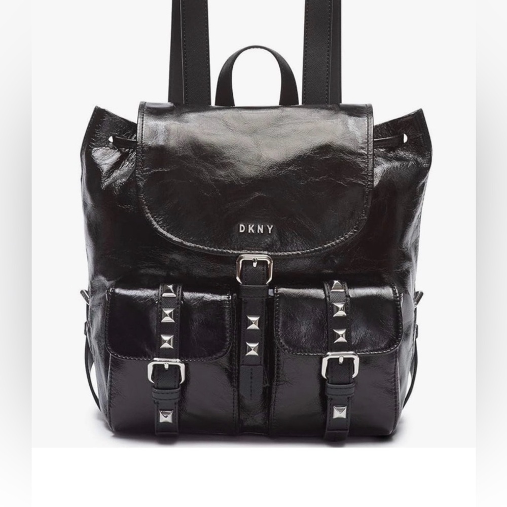 DKNY Shiny Black Leather Backpack with Silver Accents NWT